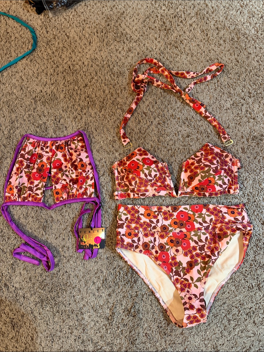 Floral High-Waist 3-Piece Bikini Set - Pink & Red Flower Print